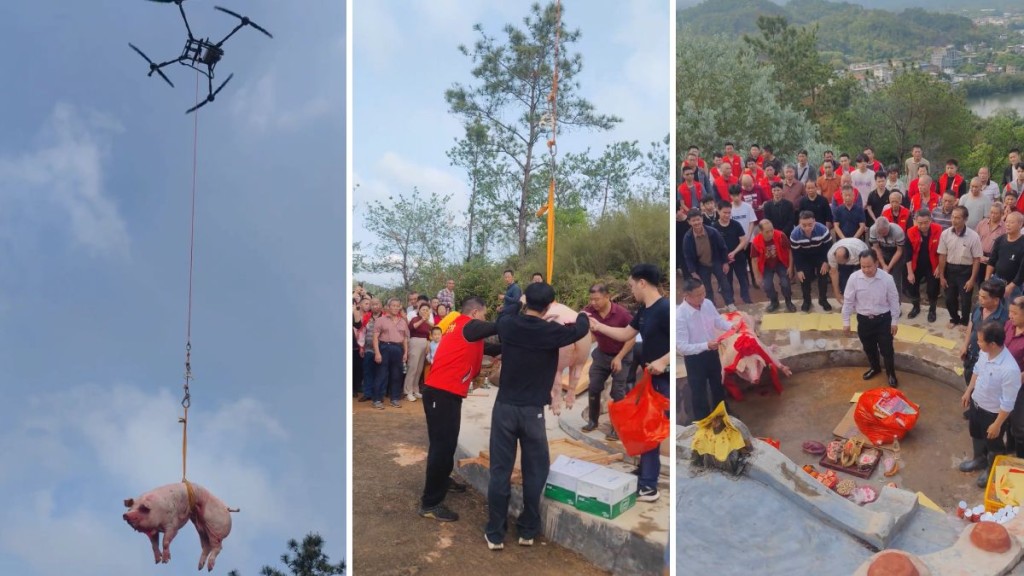 廣東梅州五華縣壩美村村民用無人機吊豬羊上山祭祖。抖音＠五華縣佳音婚慶一站式策劃