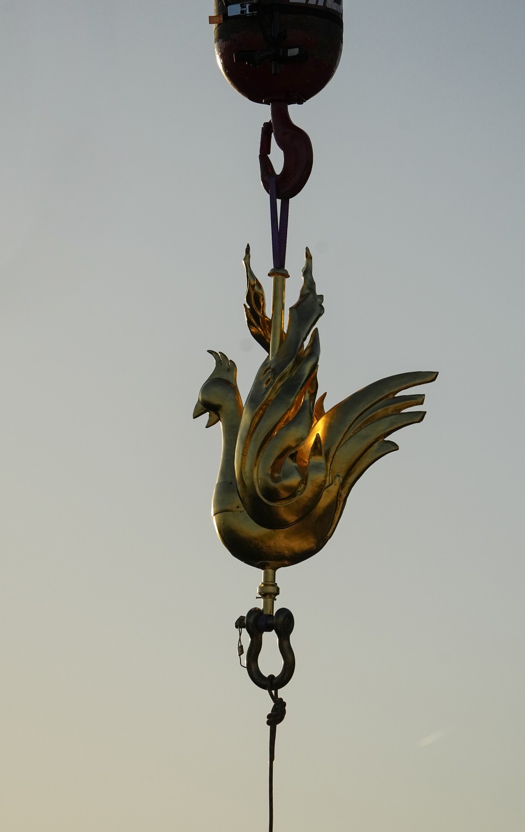 工作人员先将这个公鸡风向标用吊车送抵巴黎圣母院的塔尖。美联社