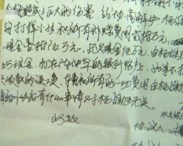 陳女與楊男所簽訂的協議書。(網上圖片)