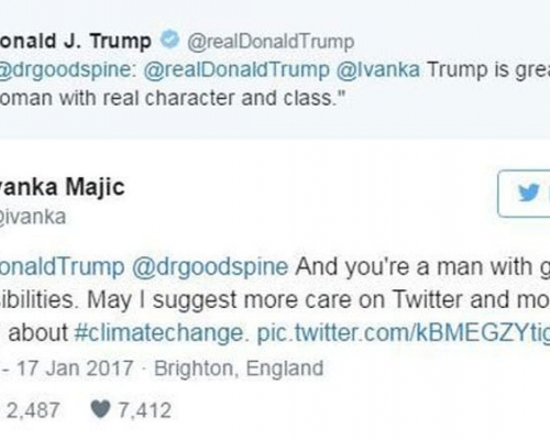 馬伊奇收到特朗普轉發的留言後回覆。Ivanka Majic Twitter