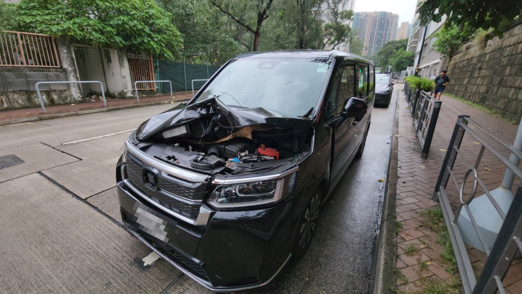 一部車輛被樹幹擊中,車頭蓋損毀摺曲。 一部車輛被樹幹擊中,車頭蓋損毀摺曲。