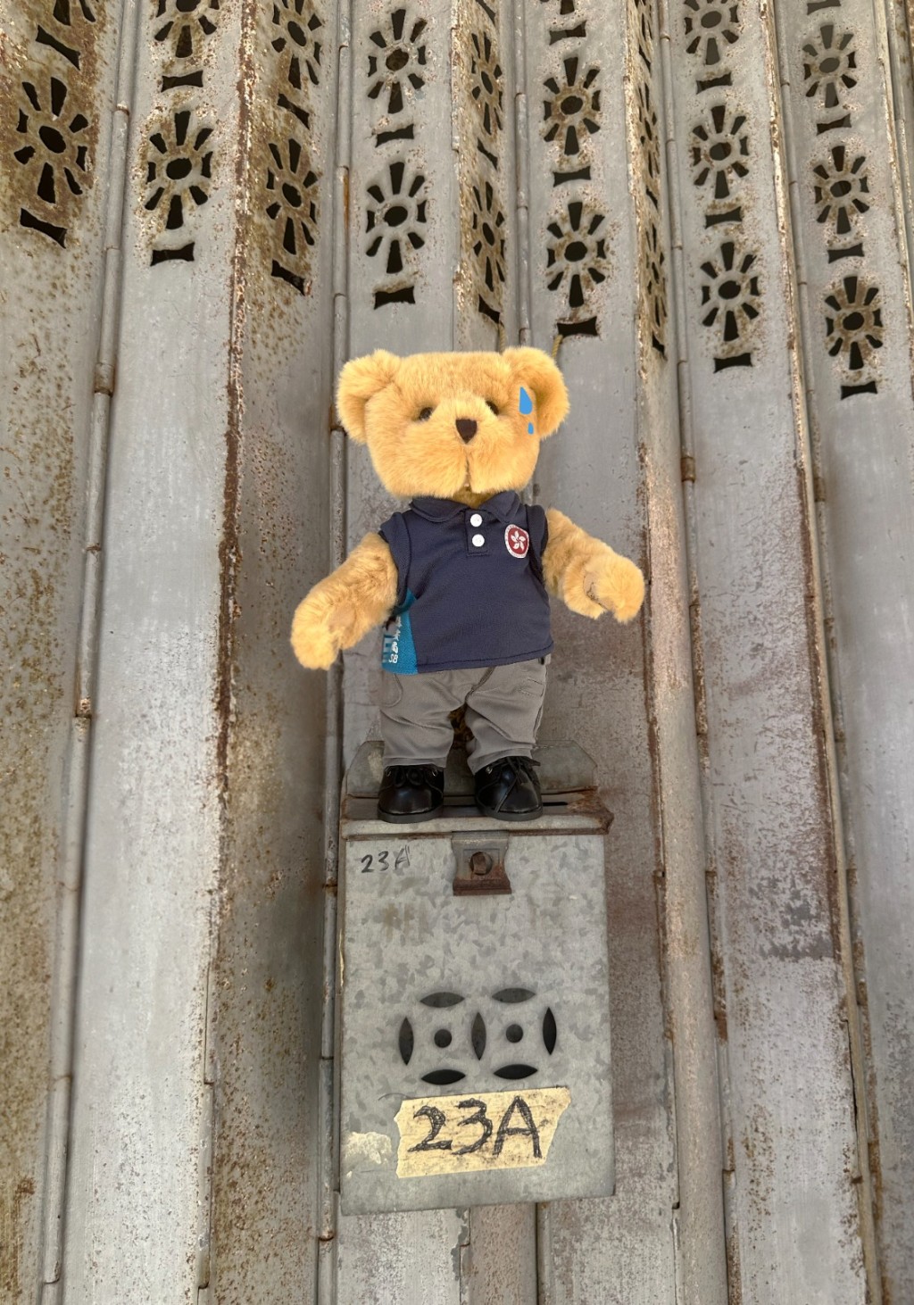 保安局的吉祥物百厌星SB熊「随团」出行到沙头角天后庙及新楼街等地「打卡」留念。保安局fb