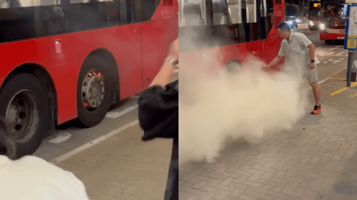 屯門公路轉車站巴士起火，男乘客持滅火筒救熄。網上截圖 Threads@johnee_lau 