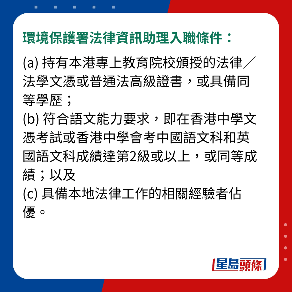 环境保护署法律资讯助理入职条件：