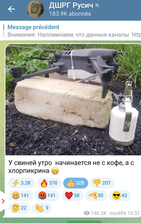 網傳俄羅斯偵察、破壞和突擊小組「Russitch」在Telegram貼出照片，稱「豬的早晨不是從咖啡開始，而是從氯化苦開始」。 