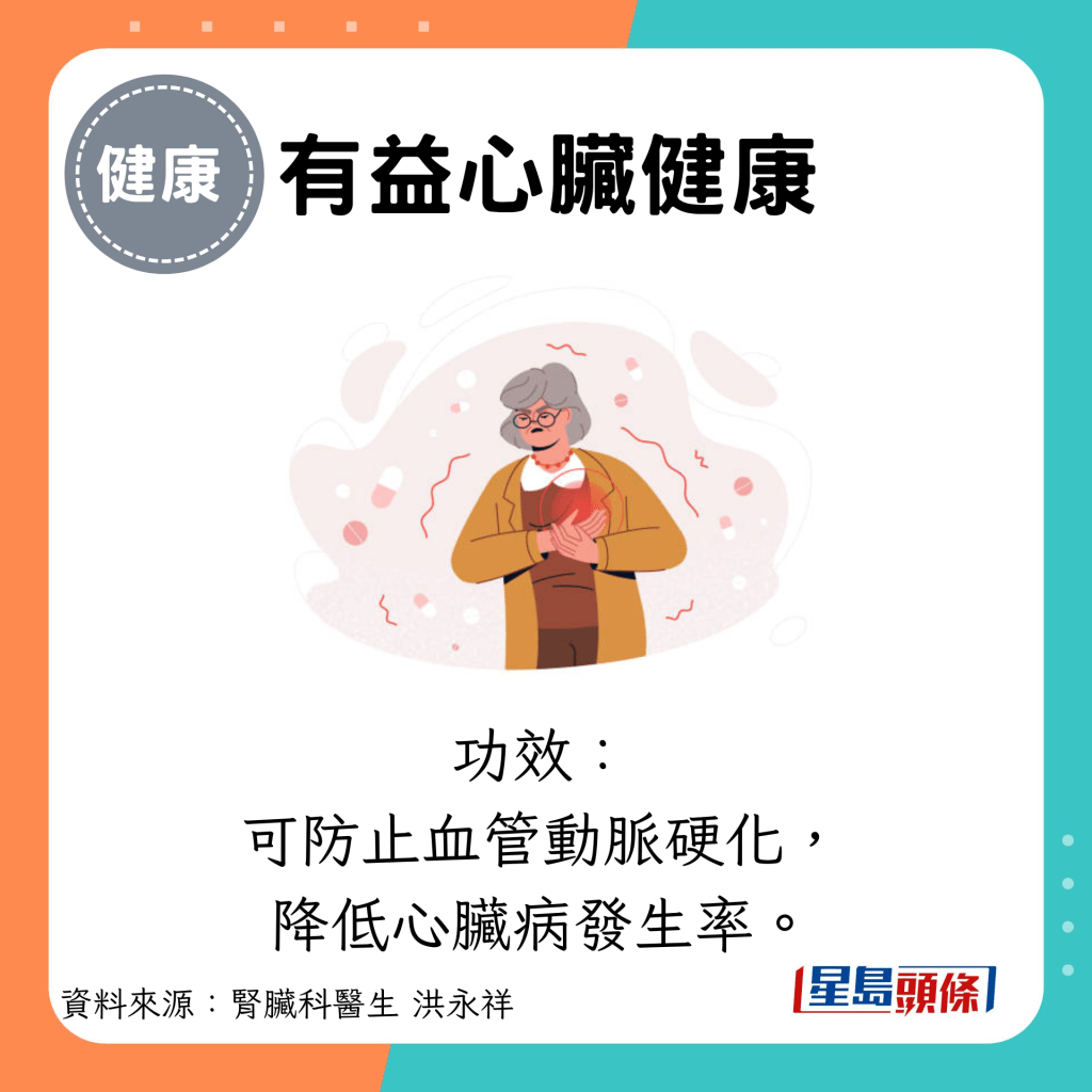 有益心臟健康：功效： 可防止血管動脈硬化， 降低心臟病發生率。