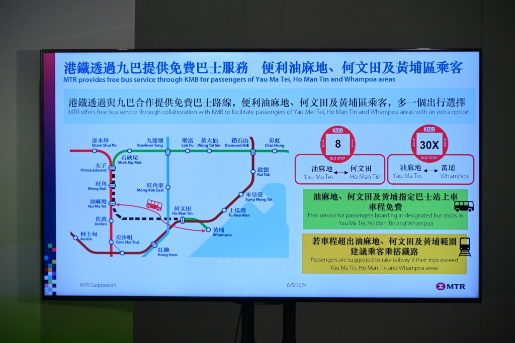 7月28日当天，观塘綫太子至何文田站将暂停服务，乘客可获免费接驳巴士服务。