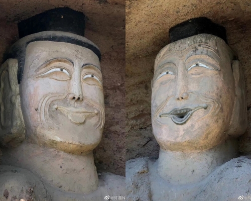 佛像復修後表情滑稽惹網民熱議。 網圖