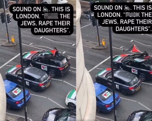 車上其中一人拿著揚聲器，高叫反猶太口號。影片截圖