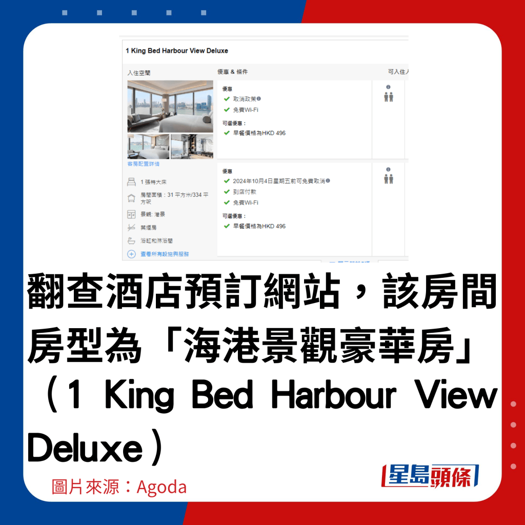 翻查酒店预订网站，该房间房型为「海港景观豪华房」（1 King Bed Harbour View Deluxe）