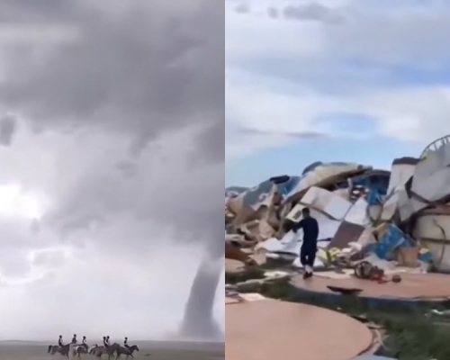 龍捲風吹襲包頭市。 微博圖