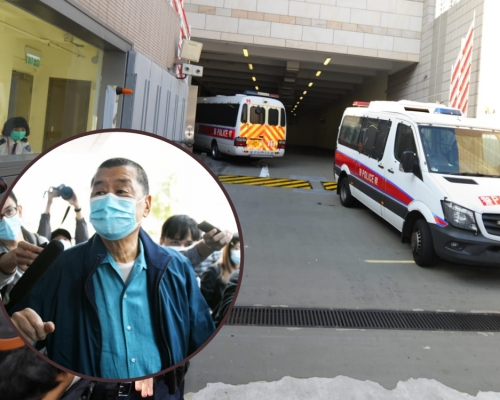 黎智英（小圖）今早由警車押解到西九龍法院應訊。