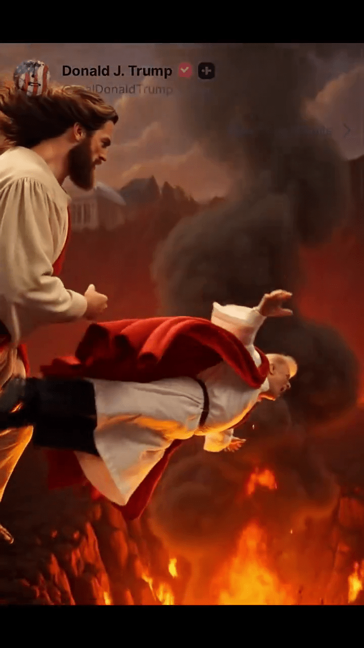 伊朗驻外使馆发AI片:特朗普遭耶稣“爆头打入地狱”。 伊朗驻外使馆发AI片:特朗普遭耶稣“爆头打入地狱”。