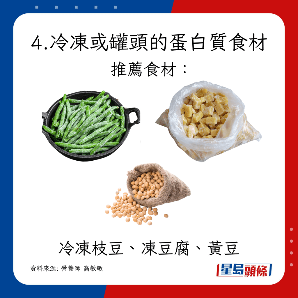 富含蛋白質的罐頭及冷凍食材：冷凍枝豆、凍豆腐、黃豆