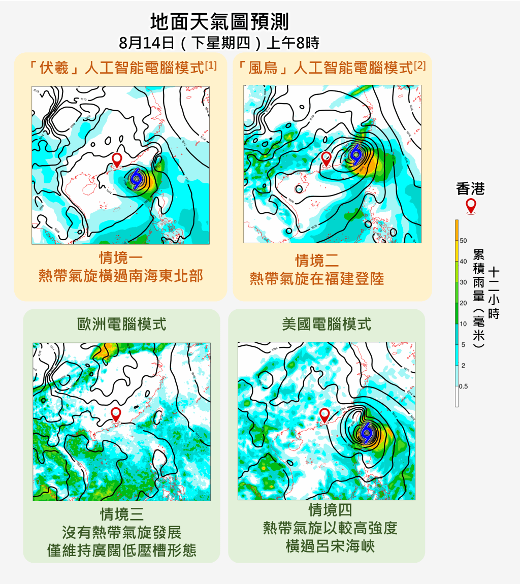 不同電腦預報模式預測下星期四（8月14日）的地面天氣圖。天文台網頁截圖