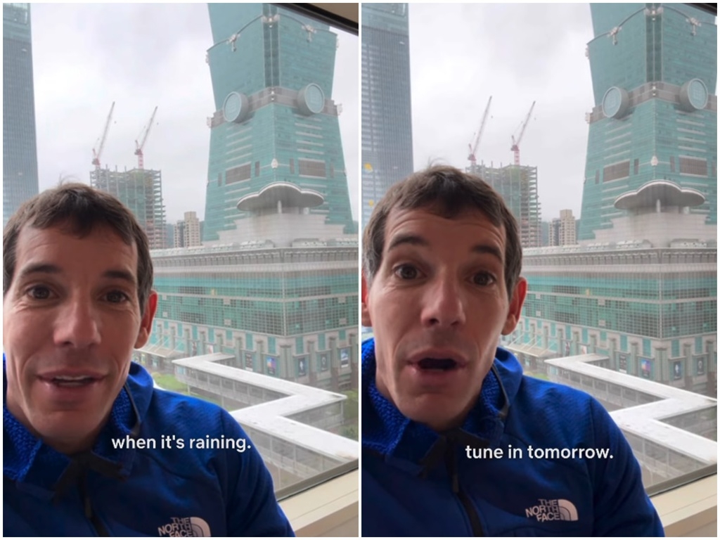 徒手攀爬台北101延期，Alex Honnold拍片解話。X短片截圖