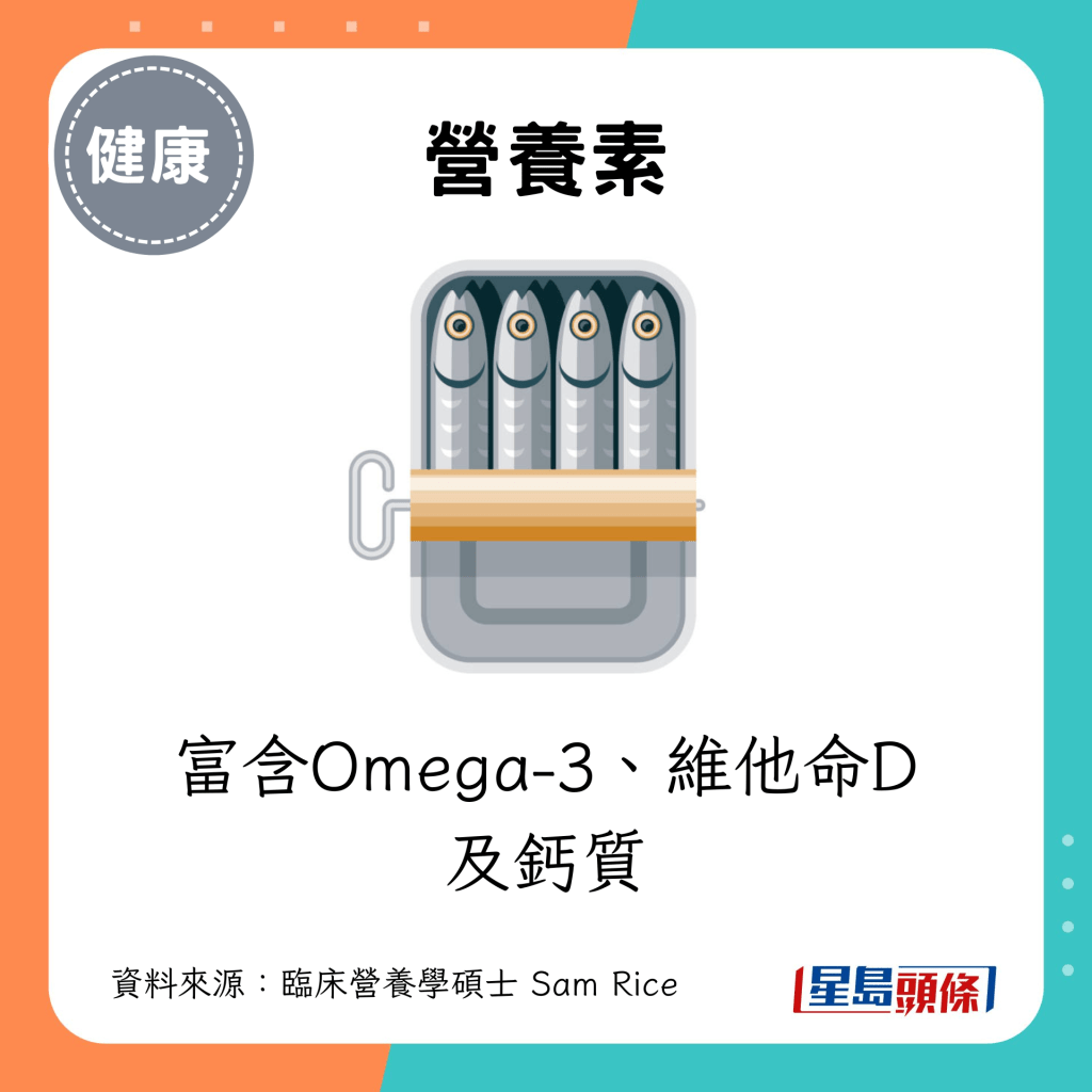 沙甸魚富含Omega-3、維他命D及鈣質