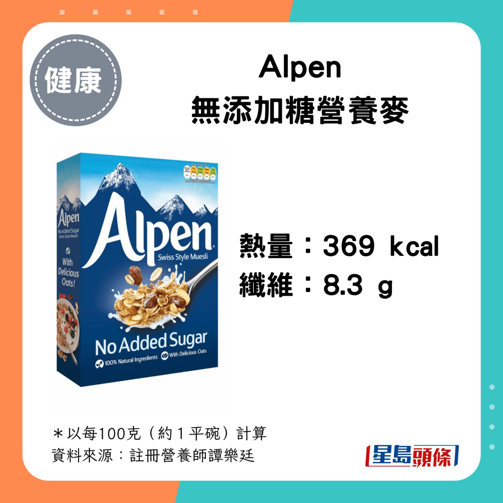 Alpen 無添加糖營養麥：369 kcal、8.3g 纖維