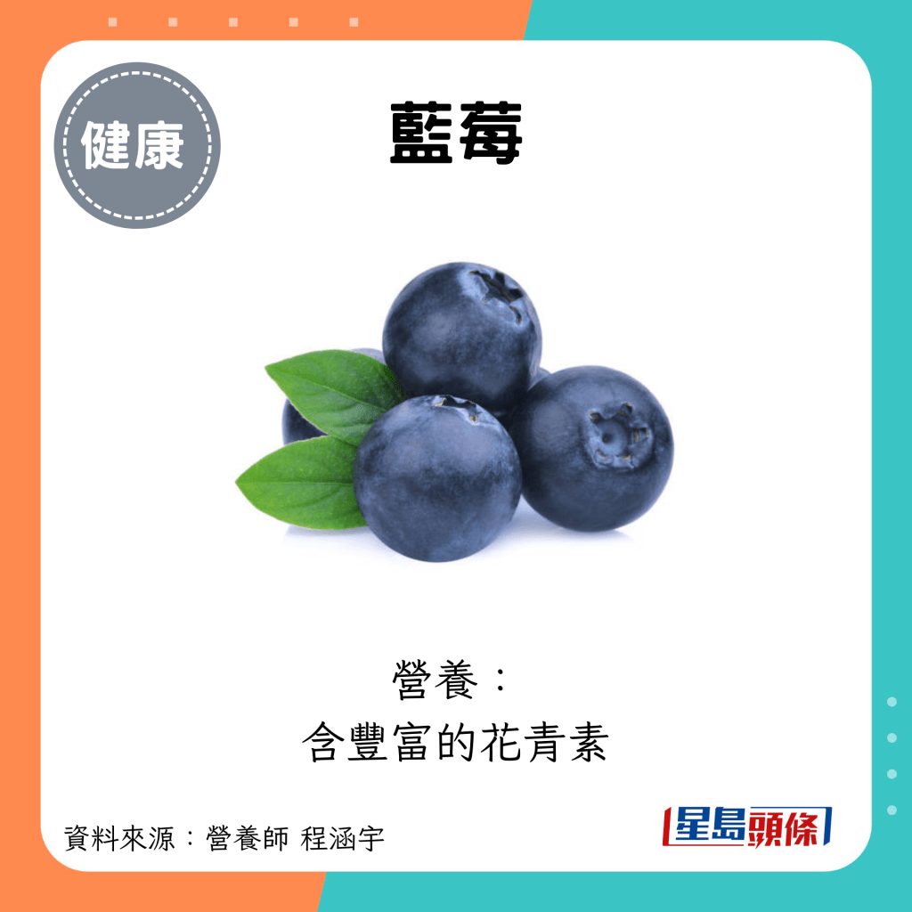 蓝莓：营养： 含丰富的花青素