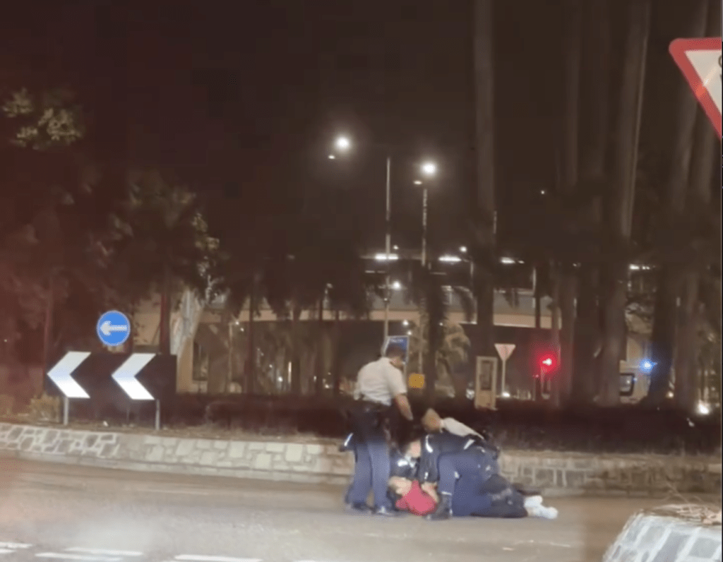 多名警員合力將男子制服。網上片段截圖