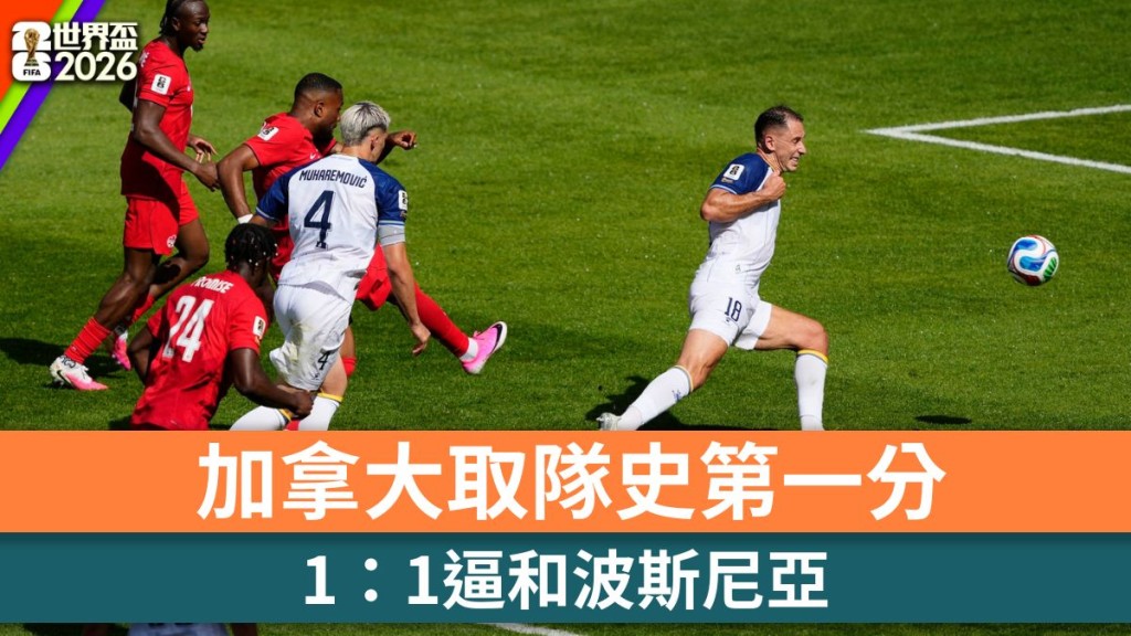 世界盃2026｜東道主加拿大1：1逼和波斯尼亞 取隊史第一分。路透社