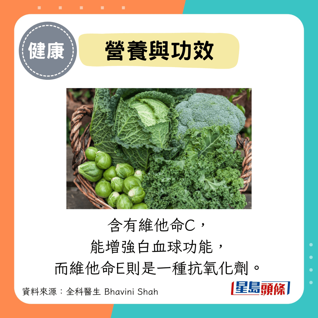 營養與功效：含有維他命C， 能增強白血球功能， 而維他命E則是一種抗氧化劑。