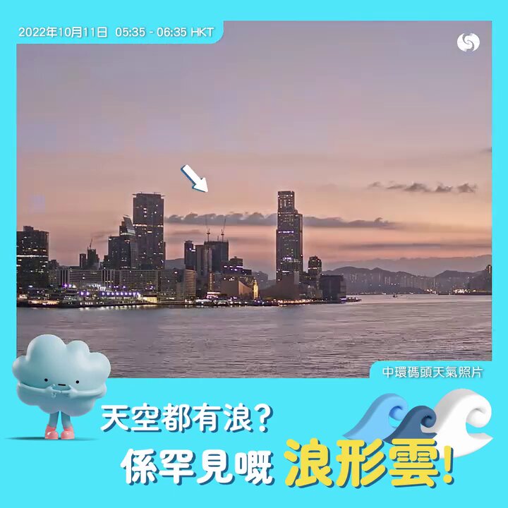 2022年10月時,香港天文台facebook亦曾以「空中的浪花」為題,介紹浪形雲,並指天氣相機剛好捕捉到佢形成至消散嘅過程。天文台fb截圖 2022年10月時,香港天文台facebook亦曾以「空中的浪花」為題,介紹浪形雲,並指天氣相機剛好捕捉到佢形成至消散嘅過程。天文台fb截圖