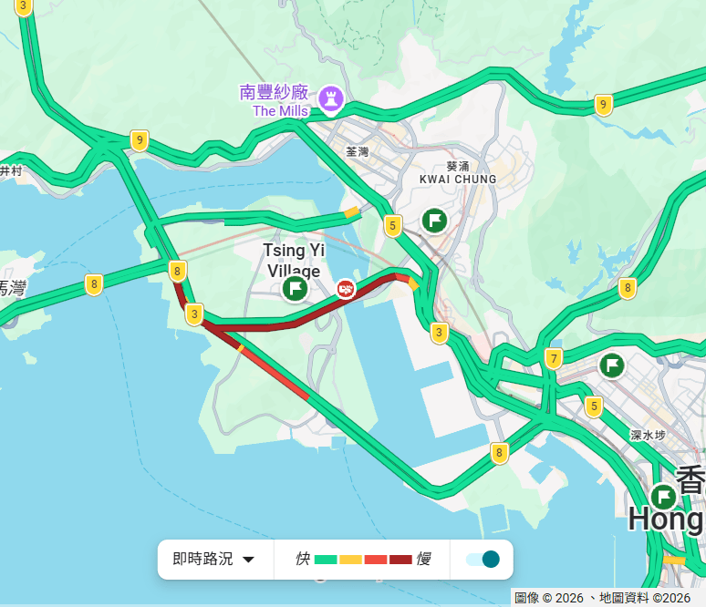 Google實時路況所見，至晚上10時現場一帶交通依然繁忙。