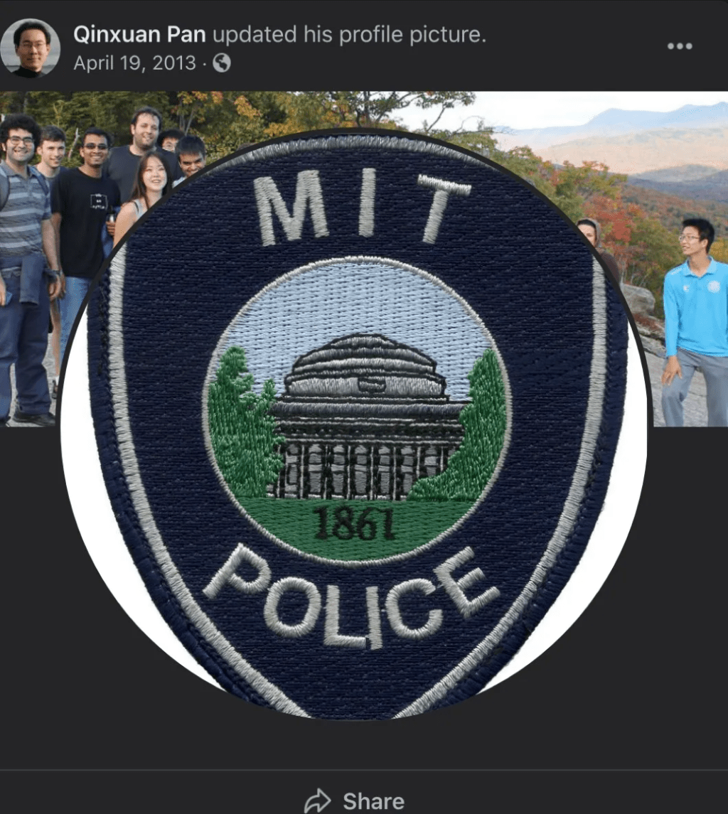 潘勤轩（Qinxuan Pan）曾将个人头像换成“MIT警察”。 facebook