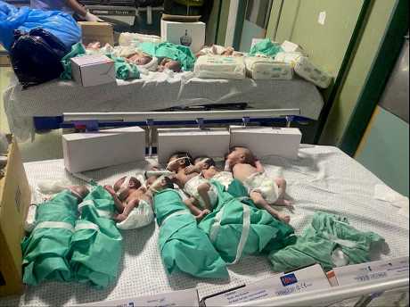 加沙希法醫院的新生兒被醫療人員從保溫箱中取出後放在床上。路透社