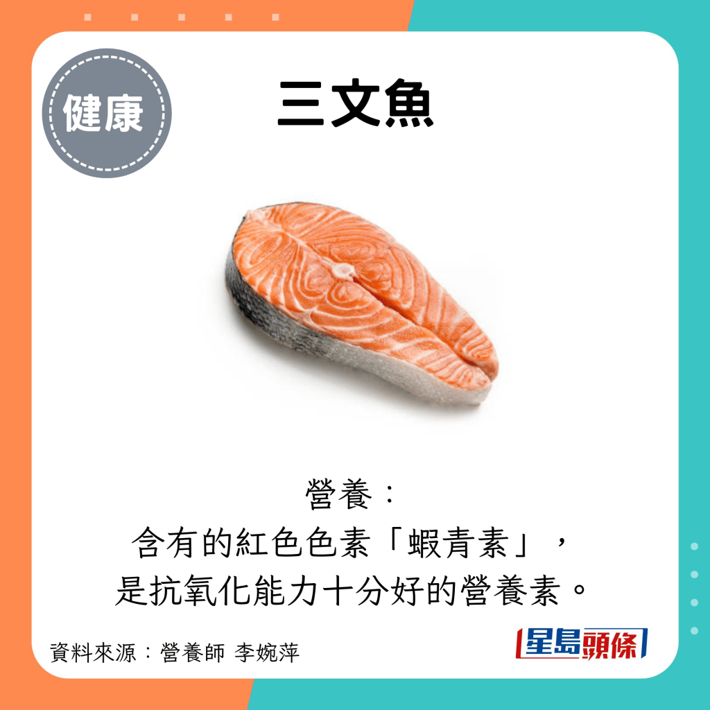 三文魚：營養： 含有的紅色色素「蝦青素」， 是抗氧化能力十分好的營養素。