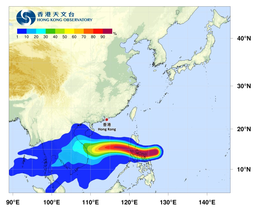 天鵝會在未來數日橫過南海中南部,移向越南中部。天文台熱帶氣旋路徑概率預報