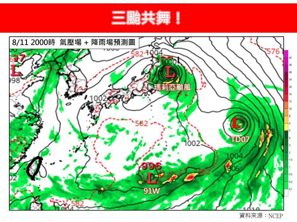 专家指，或有三个以上热带扰动或台风吹袭日本。（图：美国NCEP）