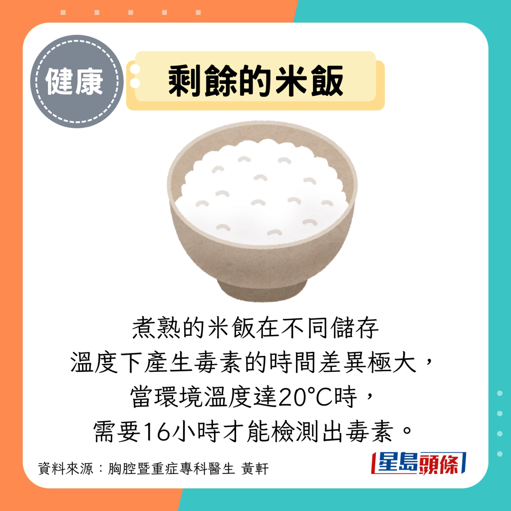 剩餘的米飯:煮熟的米飯在不同儲存 溫度下產生毒素的時間差異極大, 當環境溫度達20°C時, 需要16小時才能檢測出毒素。 剩餘的米飯:煮熟的米飯在不同儲存 溫度下產生毒素的時間差異極大, 當環境溫度達20°C時, 需要16小時才能檢測出毒素。