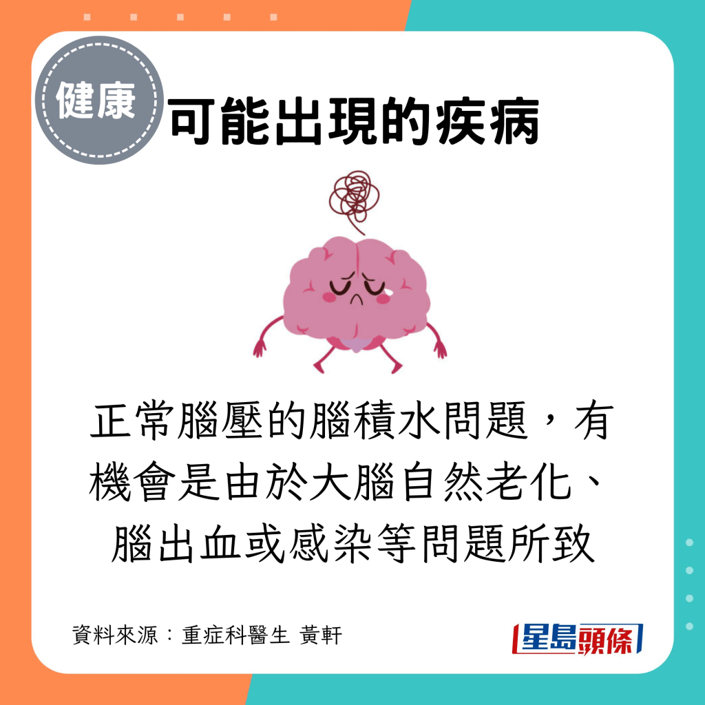 可能出現正常腦壓的腦積水問題，有機會是由於大腦自然老化、腦出血或感染等問題所致