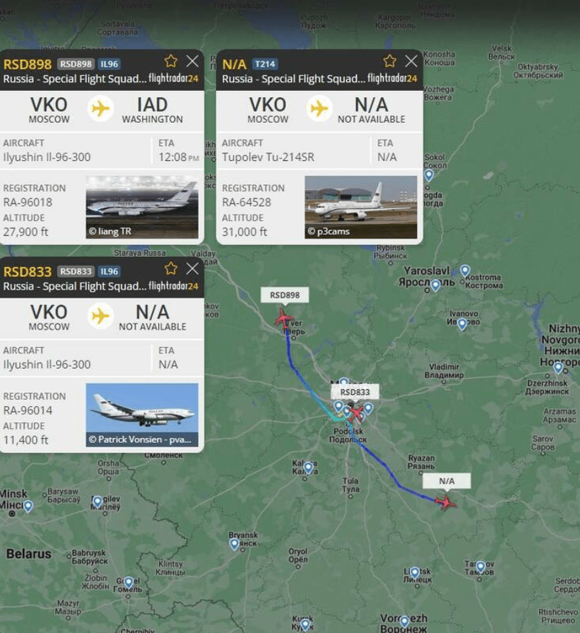 航班追踪网站「flightradar 24」显示，有3架俄罗斯总统专机队在香港时间周二（27 ) 日下午从莫斯科起飞，而其中一架编号 RSD 898的总统专机的目的地更是美国白宫所在的华盛顿。网上图片