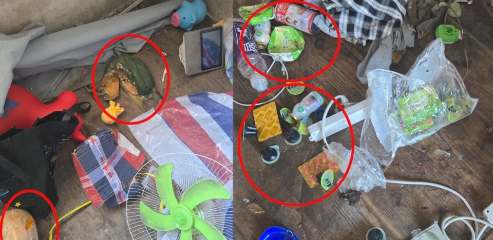 臥室中地上有殘餘食物。