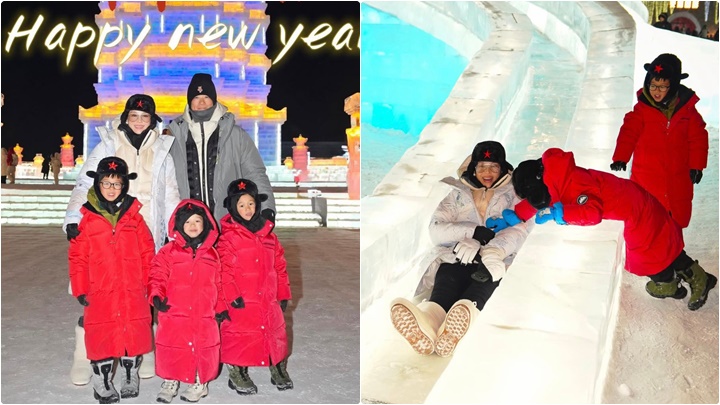 胡杏兒一家五口哈爾濱迎新一年   童心未泯與囝囝玩冰滑梯