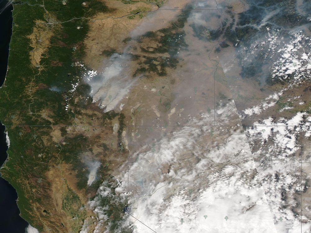 衛星圖像顯示山火濃煙吹向東岸。AP圖