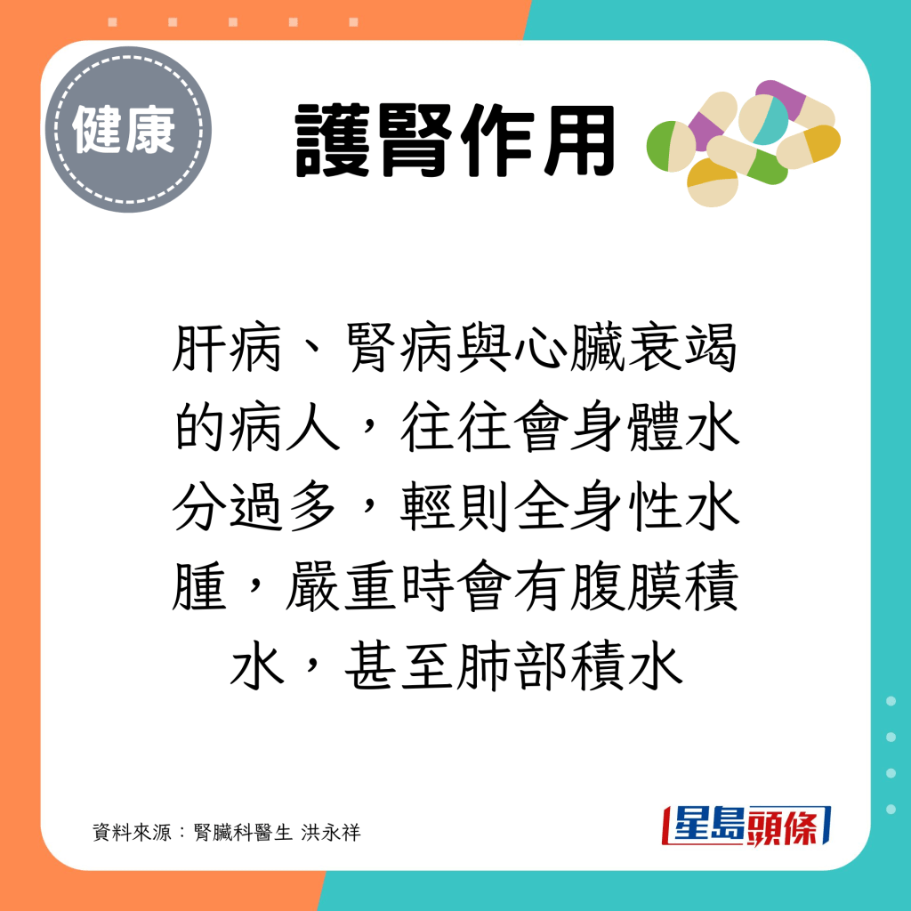 肝病、腎病與心臟衰竭的病人，往往會身體水分過多，輕則全身性水腫，嚴重時會有腹膜積水，甚至肺部積水