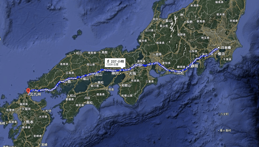 兩年花3年7個月終完成旅程。示意圖 非實際步行路線 / Google Map 截圖 兩年花3年7個月終完成旅程。示意圖 非實際步行路線 / Google Map 截圖