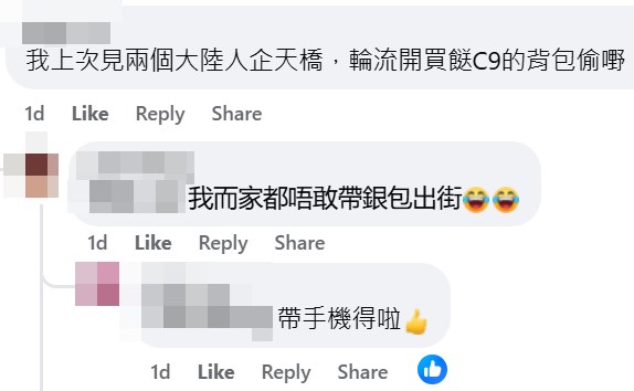 網民：我上次見兩個人企天橋，輪流開買餸C9（師奶）的背包偷嘢。fb「大埔 TAI PO」截圖