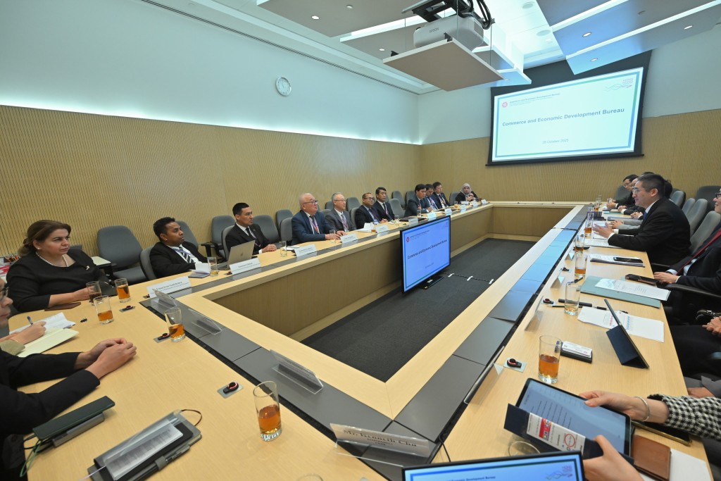 代表團與署理商務及經濟發展局局長陳百里（右一）會晤，了解香港最新的經濟發展。