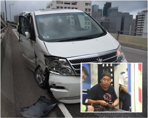 私家車車頭泵把飛脫,車頭和右邊車身損毀,輪胎爆裂。小圖為受輕傷司機。