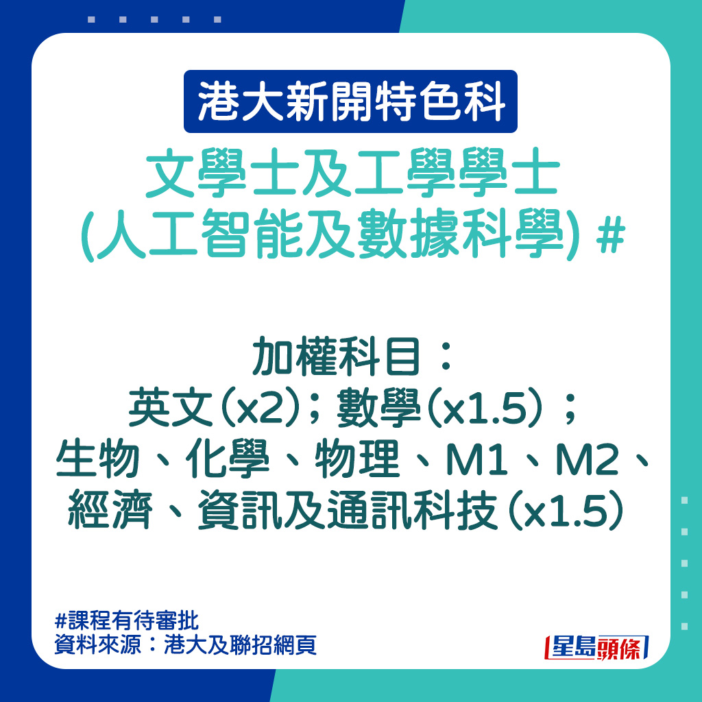 港大新開特色科｜文學士及工學學士(人工智能及數據科學)的加權科目。