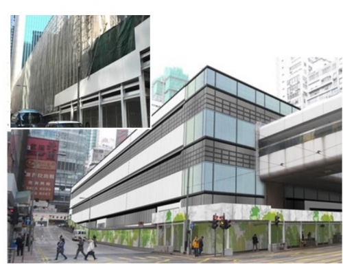 中環街市外部已築起安全圍網(小圖);下月將覆蓋「外衣」(圖為模擬設計圖)。
