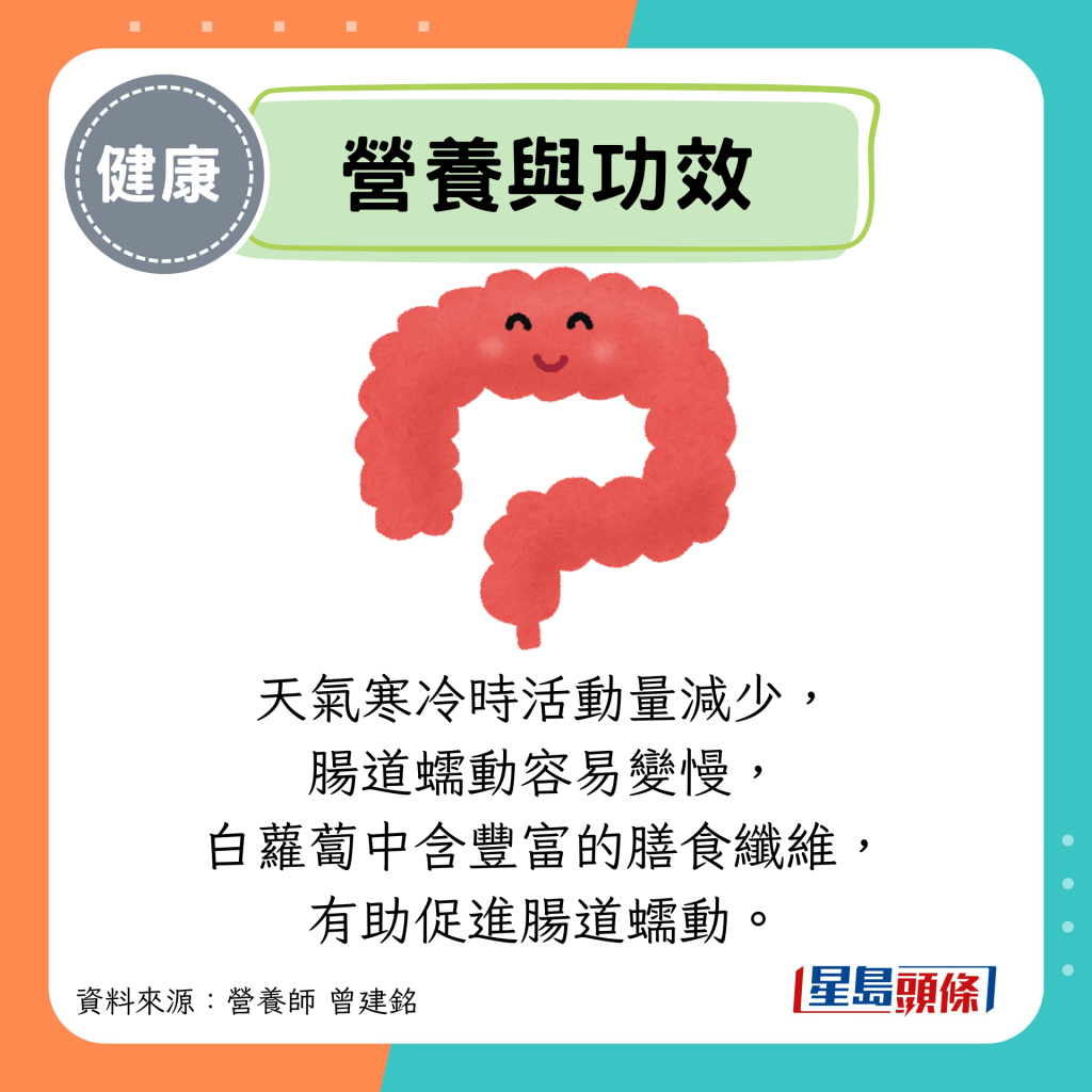 營養與功效：天氣寒冷時活動量減少， 腸道蠕動容易變慢， 白蘿蔔中含豐富的膳食纖維， 有助促進腸道蠕動。