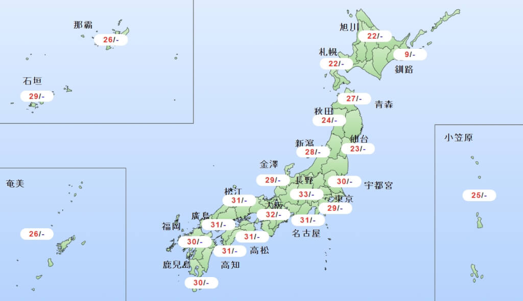 日本氣象廳18日發布各地溫度。日本氣象廳官網