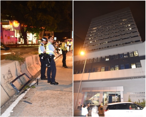 圖左,窗花從警署飛出,跌於馬路上。