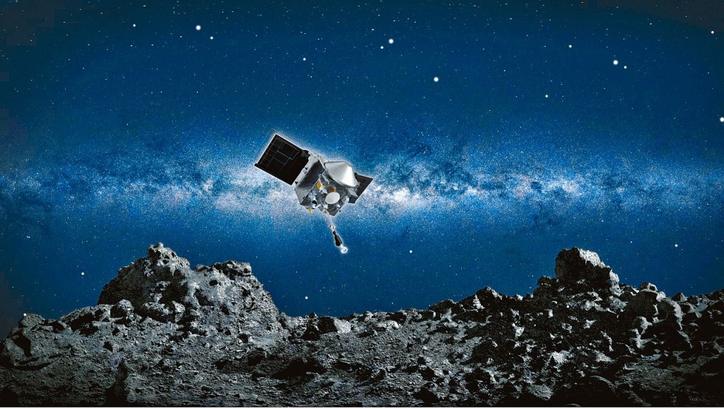 示意圖：探測器「奧西里斯號」從小行星貝努的岩石表面，以機械臂採集塵埃和岩石碎片。　